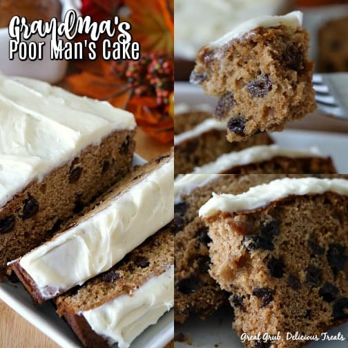 Grandma's Poor Man's Cake is a cake loaded with raisins topped with cream cheese frosting.