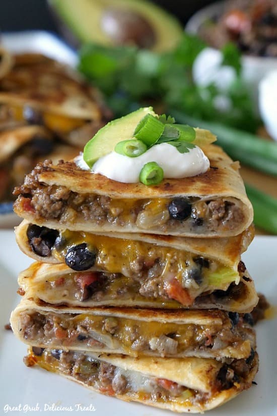 Ground Beef Quesadillas are packed full of flavor with deliciously seasoned ground beef, cheese, black beans and more.