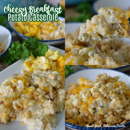 Cheesy Breakfast Potato Casserole - a collage picture of diced breakfast potatoes on a plate with potatoes and scrambled eggs.