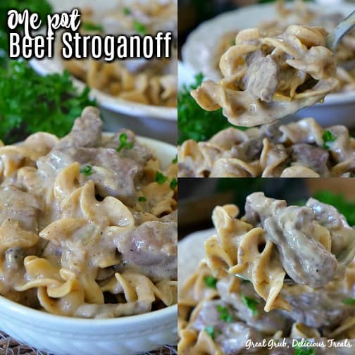 One Pot Beef Stroganoff - a collage picture of beef stroganoff in a bowl, on a spoon and a close up photo of the pasta and beef.