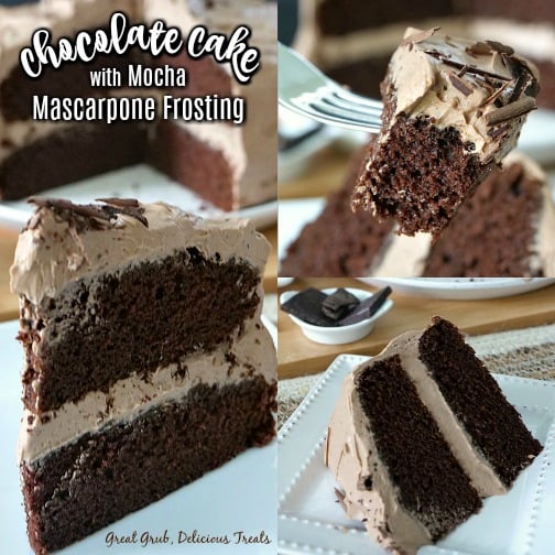 A three photo collate of Chocolate Cake with Mocha Mascarpone Frosting