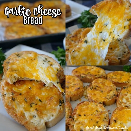 Garlic Cheese Bread is shown pulling apart a piece of cheese bread and the cheese is melted and stringy.
