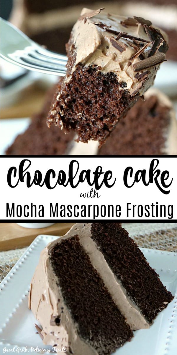 A double collate photo of Chocolate Cake with Mocha Mascarpone Frosting.