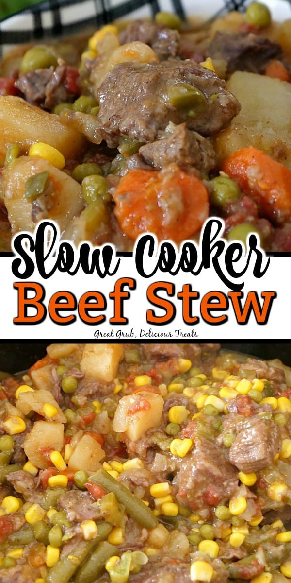A double photo collage of beef stew loaded with chunks of beef and a variety of vegetables.