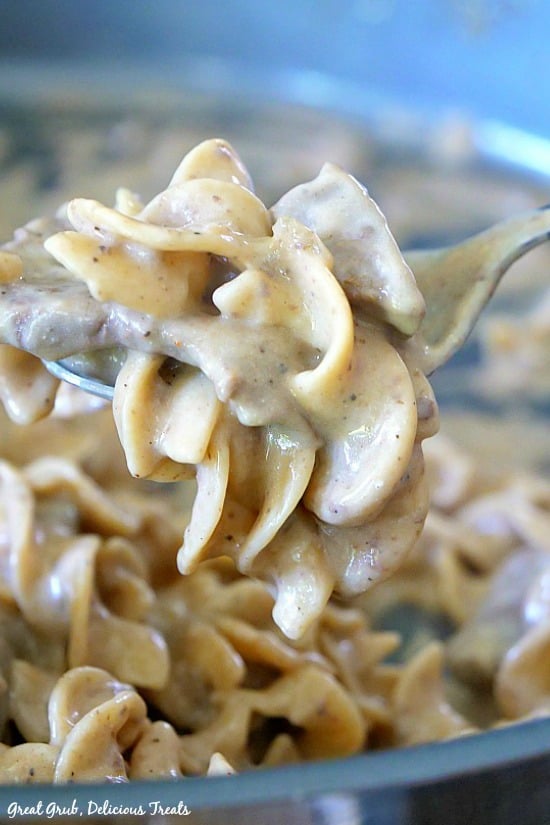One Pot Beef Stroganoff made in one pot with a spoonful of egg noodles and beef on a spoon.
