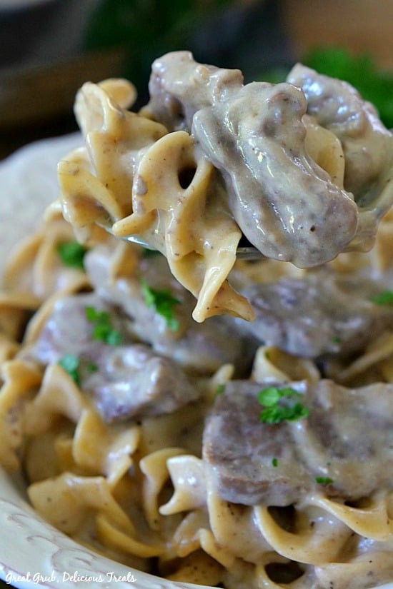 One Pot Beef Stroganoff is a bowl full of beef stroganoff with egg noodles and beef on a spoon.