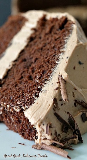 A close up of a slice of chocolate cake laying on a white plate.
