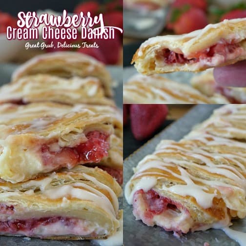 Strawberry Cream Cheese Danish is a collage picture of a danish braid loaded with strawberries and cream cheese.
