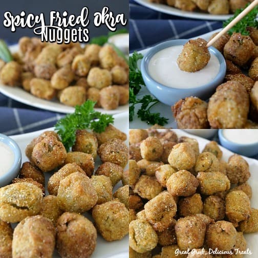 Spicy Fried Okra Nuggets - a collage pic of fried okra on a plate with a nugget being dipped in ranch dressing.