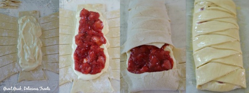 Strawberry Cream Cheese Danish is process shots of how to cut the braid, fill and fold the danish before baking.