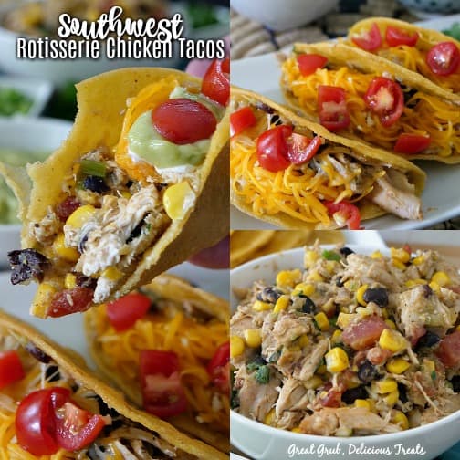 Southwest Rotisserie Chicken Tacos is a collage pic with a half eaten taco in one picture, three tacos on a white plate in another and a bowl full of the rotisserie chicken mixture in the third picture.