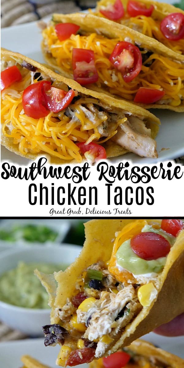 Southwest Rotisserie Chicken Tacos - a collage pic with 3 tacos on the top and a taco with a bite taken on the bottom.