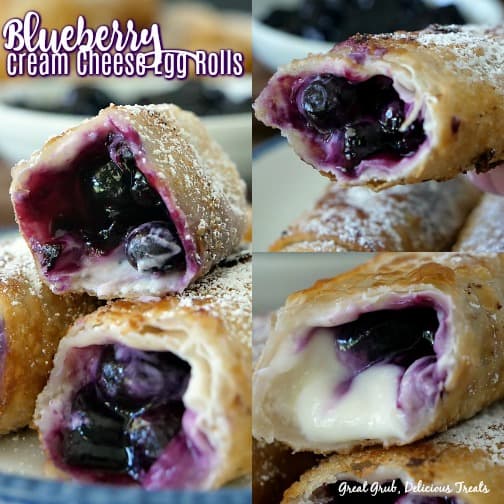 Blueberry Cream Cheese Egg Rolls is a collage pic with 3 different shots, all showing the inside filling of the egg rolls.