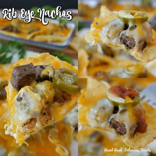 Rib Eye Nachos - a collage of 3 pictures all a single corn tortilla chip loaded with meat, cheese and jalapenos.