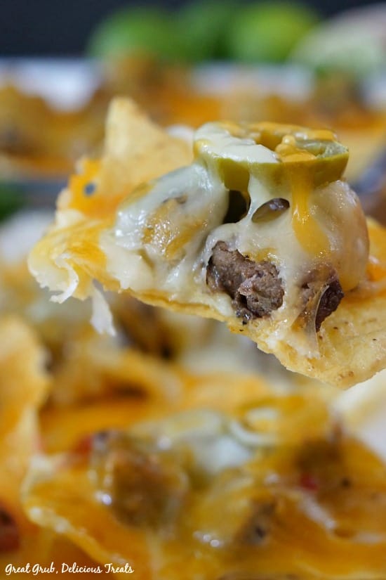 Rib Eye Nachos - a tortilla chip with meat, melted cheese and a sliced of jalapeno on top.