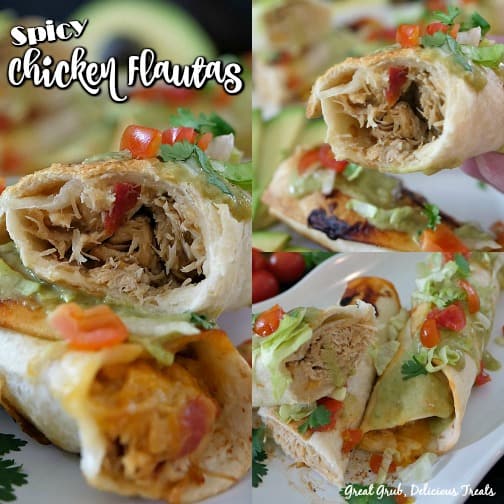 Spicy Chicken Flautas - A collage of 3 photos, 1 with a flauta leaning on another showing the chicken mixture inside, 2, a flauta being held showing the inside ingredients, and lastly, chicken flautas on a white plate garnished with lettuce and tomatoes.