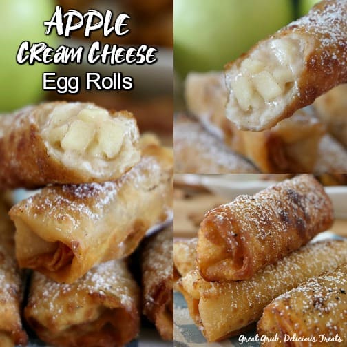 Apple Cream Cheese Egg Rolls - a collage of 3 photos with egg rolls stacked on each other with a bite showing the apple cream cheese filling.