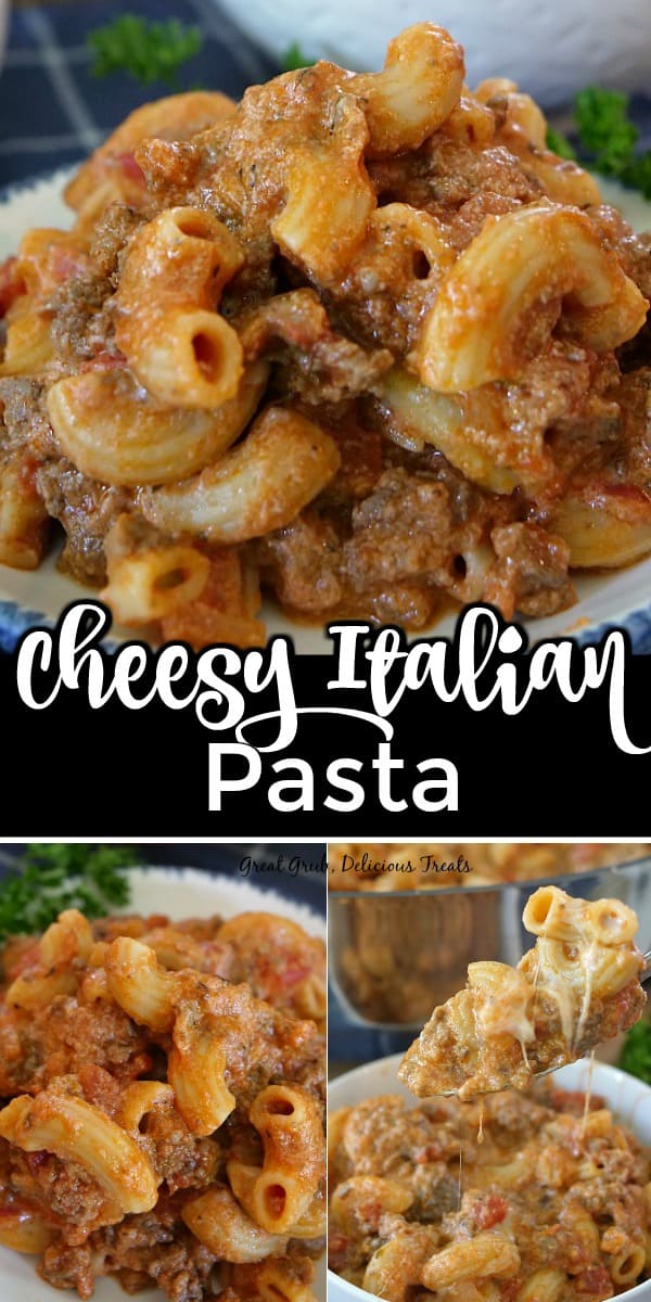 A double collage photo of cheesy Italian pasta.
