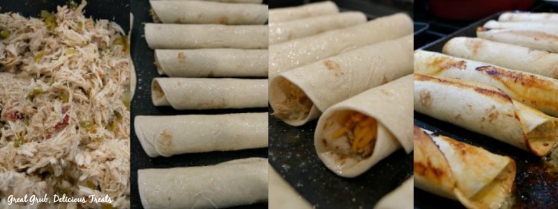 Spicy Chicken Flautas - in process shots, the chicken mixture, the flautas on a baking sheet and then how they look when they are baked.