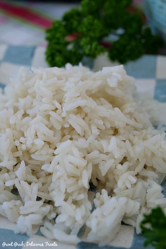 Instant Pot White Rice - a plate of white rice on a light blue and white checkered plate with parsley in the background.