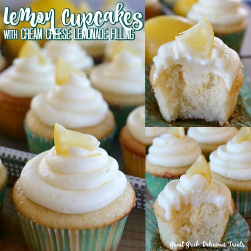 A 3 photo collage of lemon cupcakes and two photos are close up of a lemon cupcake with a bite taken out and they have small lemon wedges on top.