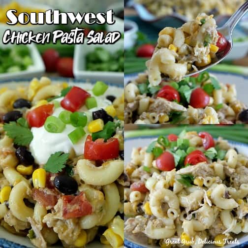 Southwest Chicken Pasta Salad- 3 picture collage of chicken pasta salad in a bowl with cilantro, tomatoes, green onions and sour cream on top.