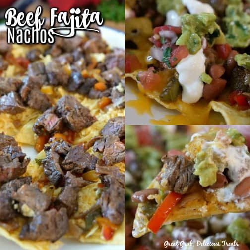Beef Fajita Nachos - a collage photo with tender pieces of steak on top of tortilla chips, cheese, peppers and onions, sour cream, beans and guacamole.