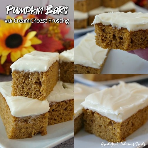 Pumpkin Bars with Cream Cheese Frosting - a collage photo with Pumpkin bars on a white plate with fall flowers in the background.