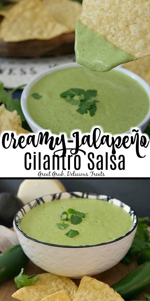 Two photos of creamy jalapeno cilantro salsa in a white bowl with a chip dipped in the first bowl showing the salsa on a chip and the second picture of the bowl filled with the salsa.