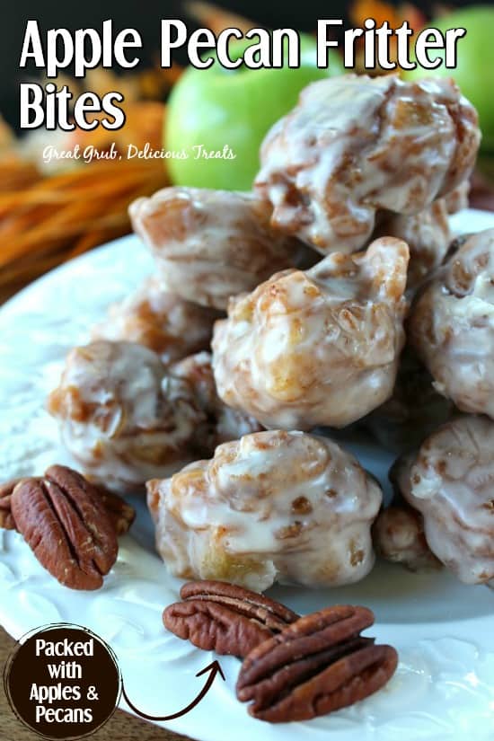 Apple Pecan Fritter Bites - a white plate piled high with bite size fritters with pecan and green apples in the background.