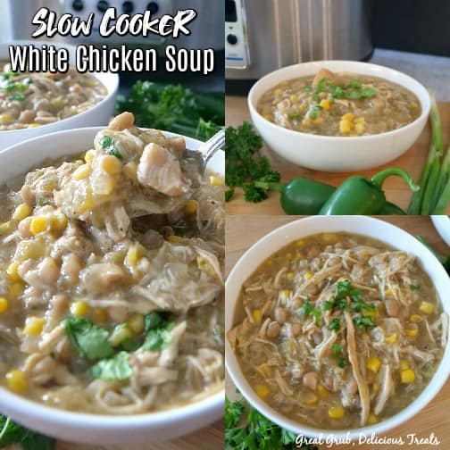 A three photo collage of Slow Cooker White Chicken Soup in a white bowl with jalapeno, green onions, and cilantro as decoration around the bowl.