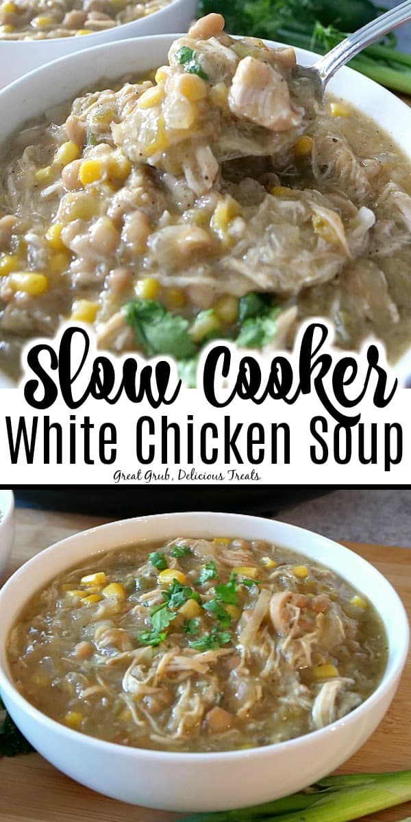 Slow Cooker White Chicken Soup in a white bowl topped with cilantro