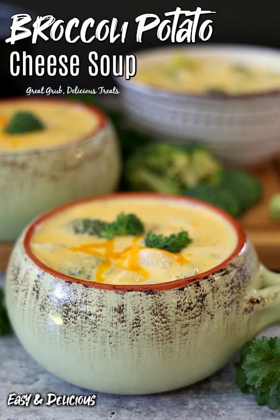 Broccoli Potato Cheese Soup - Two light green bowls filled with broccoli potato cheese soup with florets in the background with another bowl of soup.