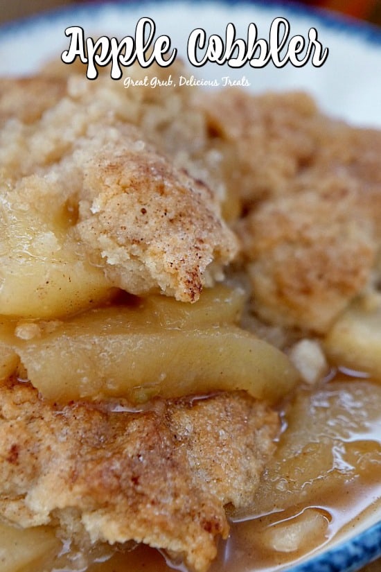 Apple Cobbler in a white bowl with blue trim showing the apples, cobbler topping and the juices of the cobbler.