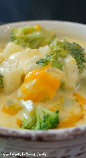 Broccoli Potato Cheese Soup - a light colored bowl filled with chunks of potatoes, broccoli florets, and cheese