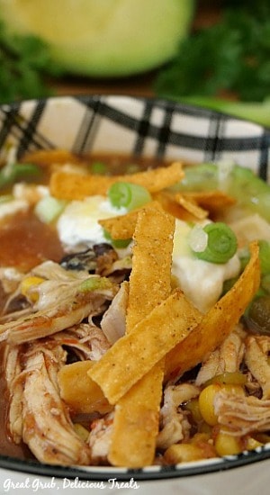 A close up of chicken tortilla soup in a white and black bowl.