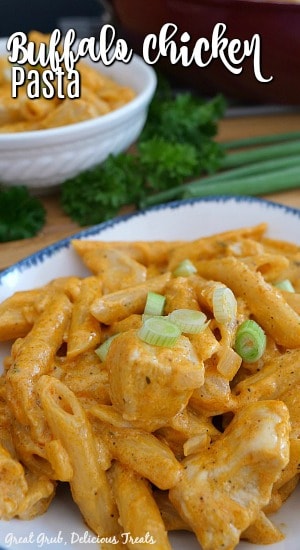 Buffalo Chicken Pasta in a white bowl with blue trim, garnished with green onions. A white bowl in the background, filled with buffalo chicken pasta with parsley and green onions in foreground.