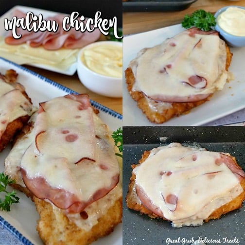A 3 picture collage with one photo of two pieces of Malibu chicken topped with Swiss cheese and ham with sliced ham and Swiss on a plate in the background. The other two photos show one piece of Malibu chicken on white plate with dipping sauce in the background and one on a baking sheet.