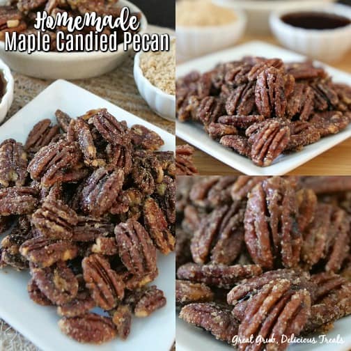 A three photo collage of candied pecans on a white plate with small bowls of brown sugar and maple syrup in the back.