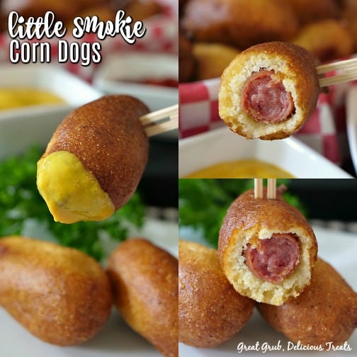 A 3 photo collage with little smokie corn dogs on a white plate with a side of mustard in a small white bowl.