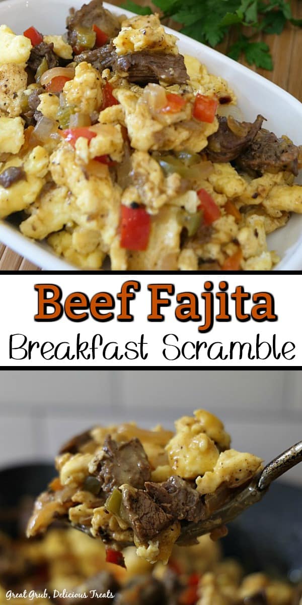 A dual photo collage with one photo of beef fajita breakfast scramble with eggs, peppers, and steak on a white plate and one photo of a bite of beef fajita scramble on a fork. 