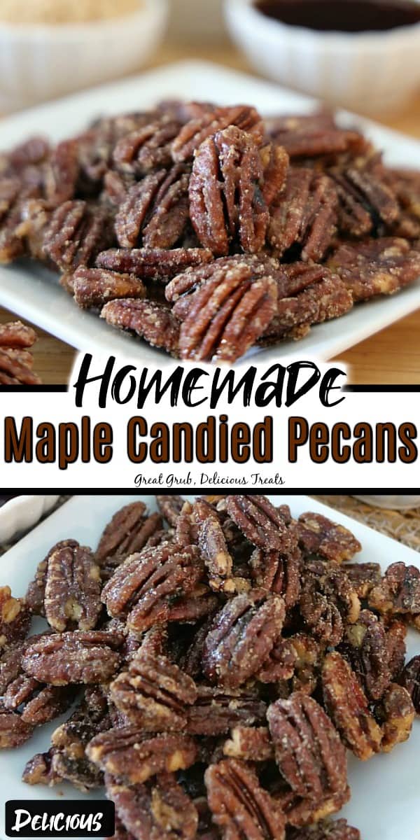 A two picture collage with candied pecans on a white plate with 2 small white bowls full of syrup and brown sugar.