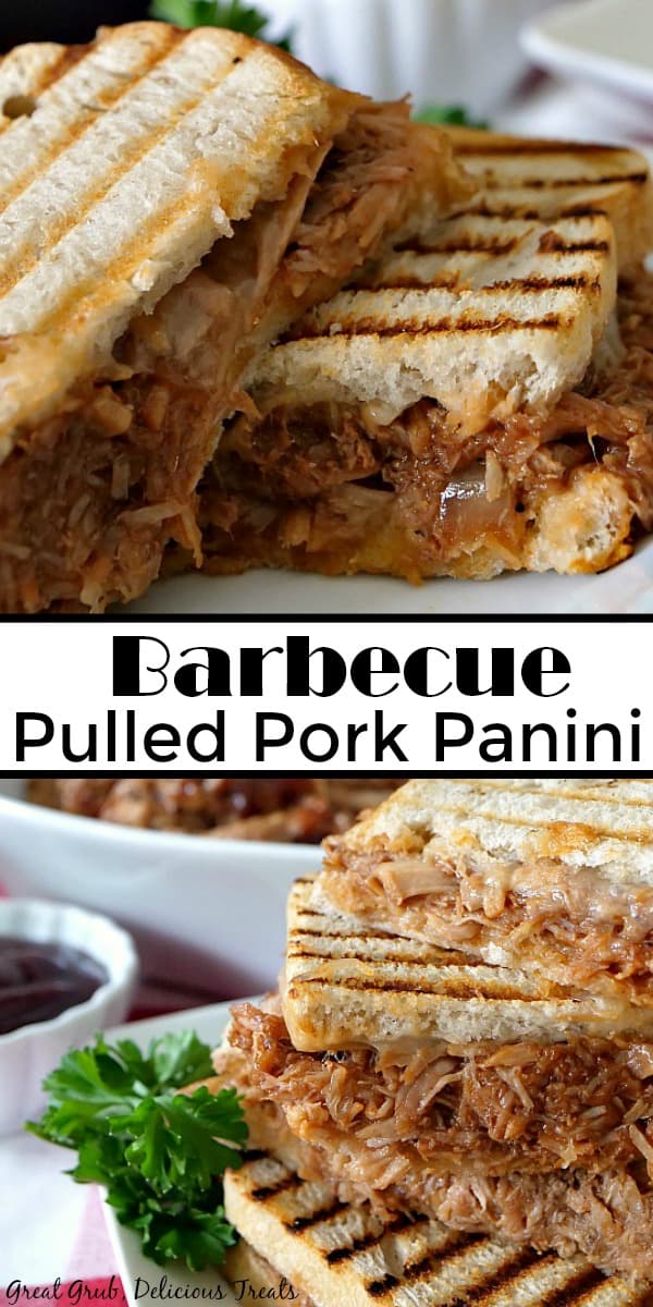 A double photo of BBQ pulled pork panini on a white plate and another photo of the panini with sandwich halves stacked on top of one another on a white plate, with a small white bowl of BBQ sauce in the background.