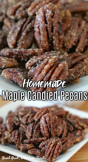 two photos of maple candied pecans on white plate.