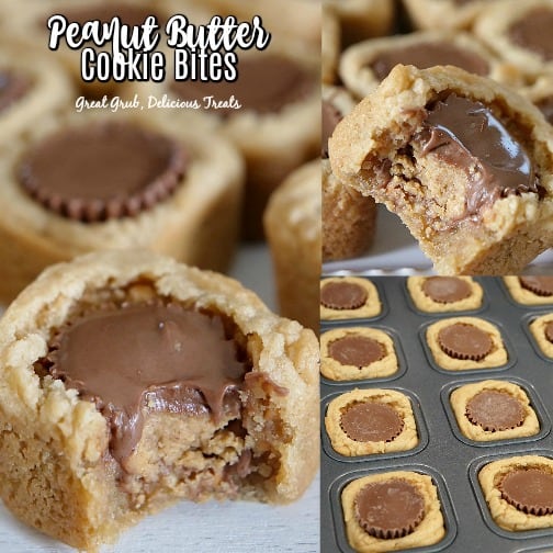 Collage of three pictures of peanut butter cookie bites with the title in the top left corner. 