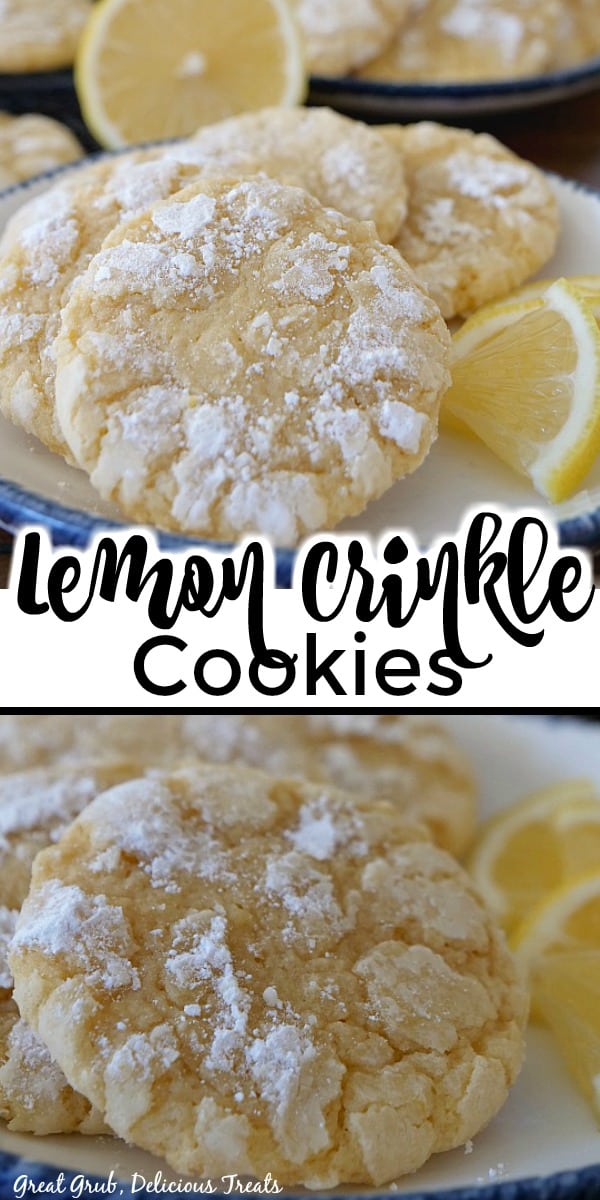 A double photo of lemon crinkle cookies on a white plate with lemon wedges on the plate.