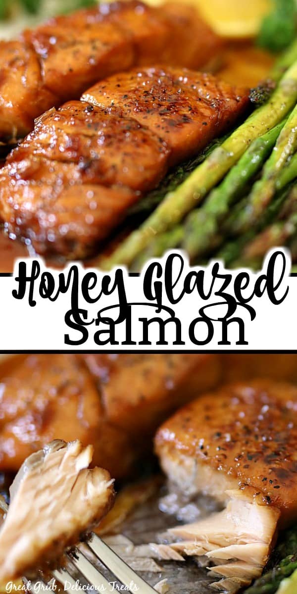 Two pictures of honey glazed salmon with the title in the middle.
