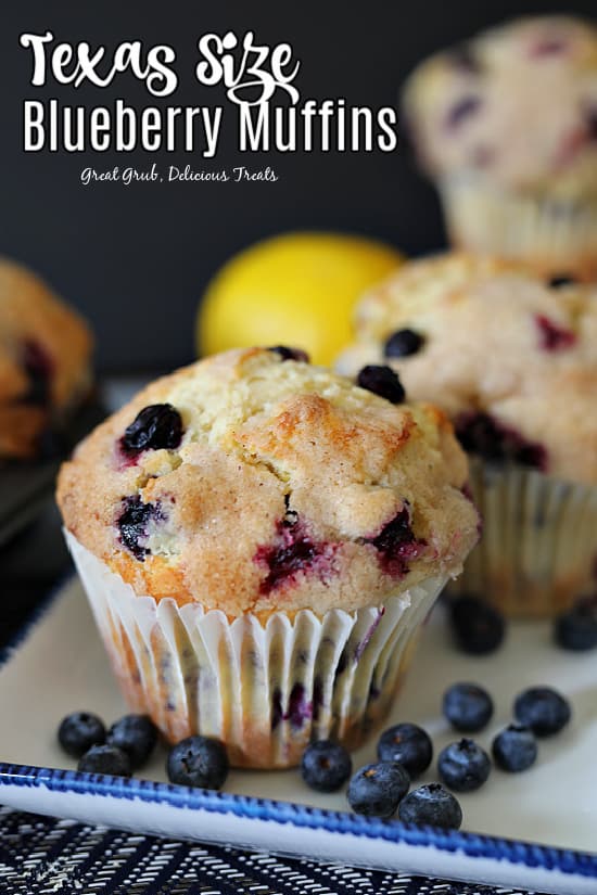 A photo of a blueberry muffin on a white plate with blue trim and a lemon and another muffin in the background.