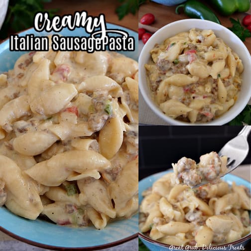 A 3 photo collage of creamy Italian sausage pasta; one close up picture with pasta in a blue bowl, one picture of pasta in a white bowl with bell pepper, jalapeno, tomatoes, and parsley in the background, and a picture with a bite of pasta on a fork.