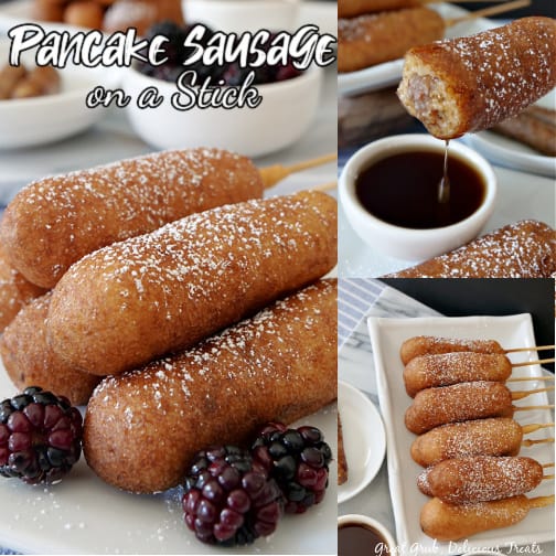 A three photo collage with the main photo of pancake sausage on a stick stacked up on a white plate with a small white bowl of berries in the background, another picture of a pancake sausage on a stick with a bite taken out and dipped in syrup, with a small white bowl of syrup on the plate, and the last photo is an overhead photo of pancake sausage on a stick stacked up on a long white plate with powdered sugar on top.